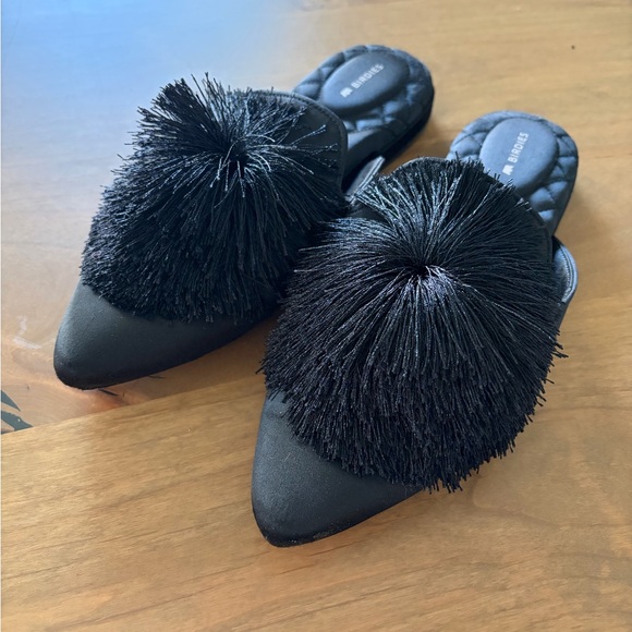 Birdies Shoes - Birdies Dove Satin Mule in Black Satin Pom Women’s Size 8.5